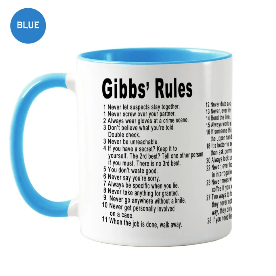Gibbs' Rules koffiemok, 350 ml keramische koffiemokken voor dames en heren, nieuwigheid koffie en thee mok inspirerende koffiekop reisbeker TV Show Gibbs Rules mok