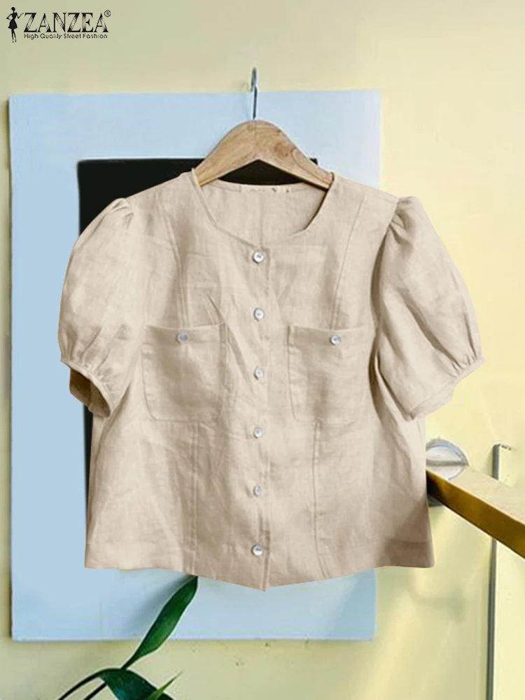 

Блузка ZANZEA женская с квадратным вырезом, Модный повседневный топ в Корейском стиле, элегантная однотонная с короткими рукавами-фонариками, на пуговицах, лето 2024