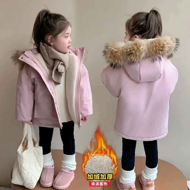 겨울 어린이 모피 칼라 다운 코트 가을 어린이 면화 패딩 재킷 소녀 의류  모피 후드 겉옷 파카 2-9 년