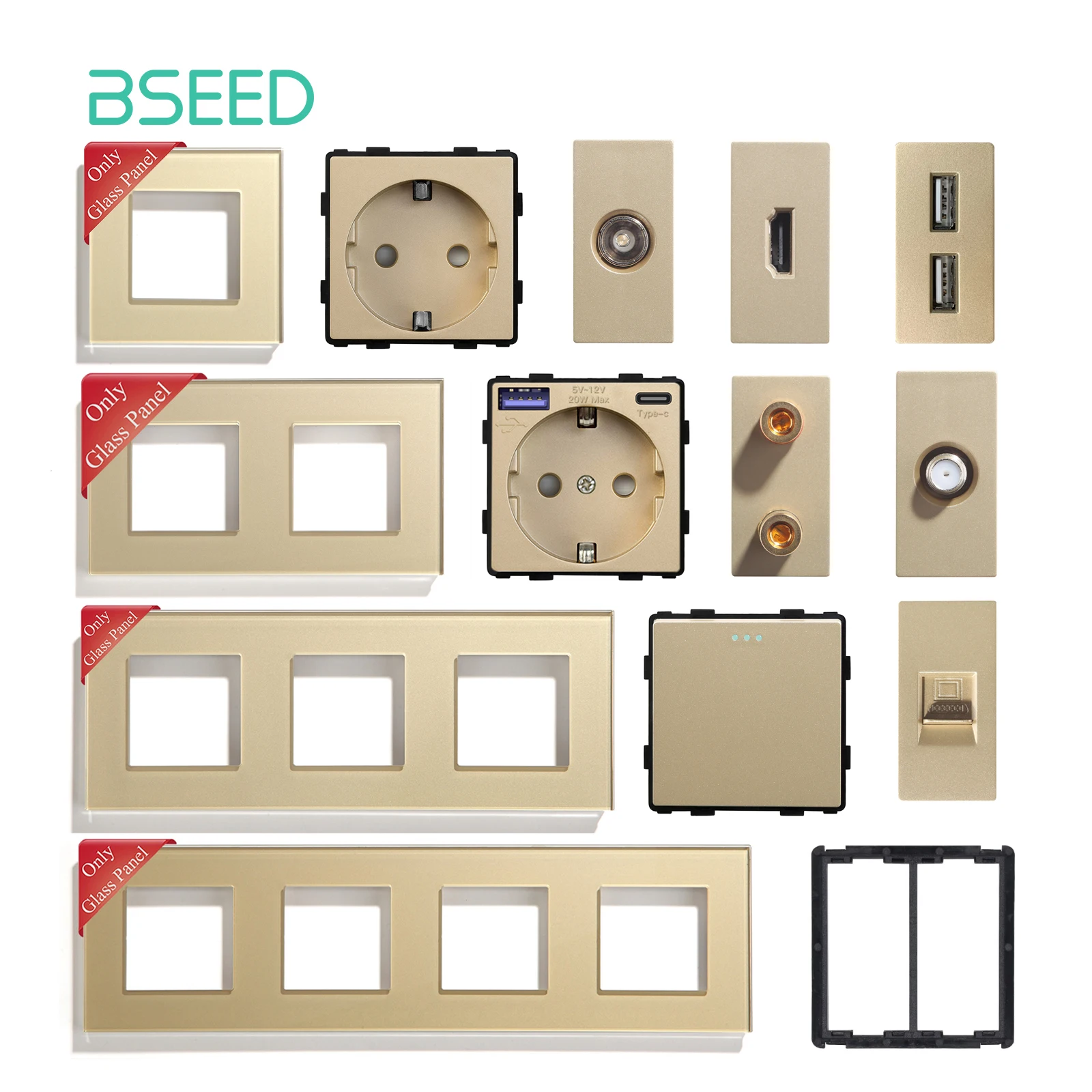 Bseed Tv St Cat5/6 Rj45/11 Doppio Usb Type-C Eu Socket Parts Crystal Glass Frames Interruttori Della Luce Meccanici Combinazione Libera