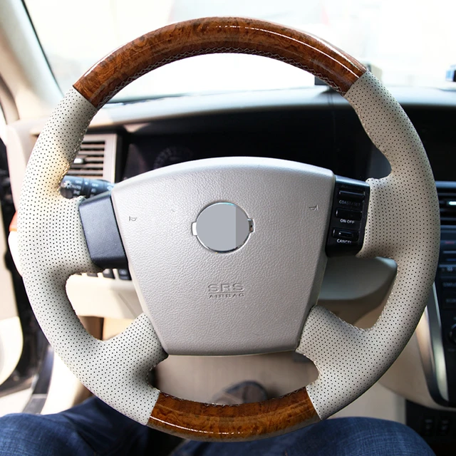 Housse de volant de voiture en cuir véritable, Grain de bois