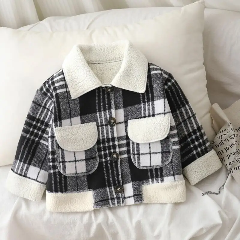 가을과 겨울을 위한 두꺼운 코트, 양털 플리드 가디건, 세련된 버튼, 남아 및 여아용 면 의류