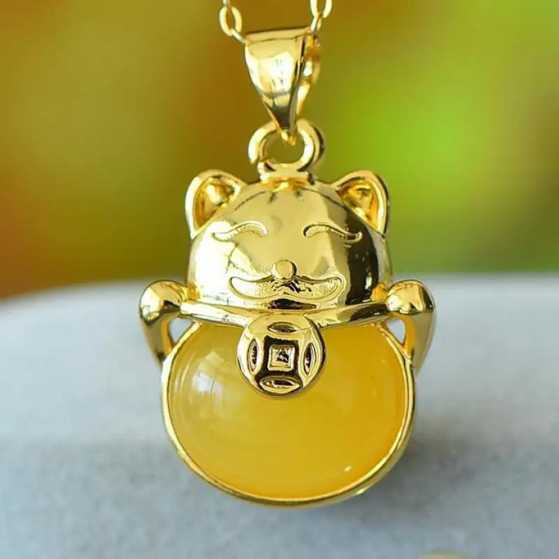 

Natural Amber Lucky Cat Necklace Women Healing Gemstone Fine Jewelry Genuine Baltic Ambers Money Cat Pendant Necklaces