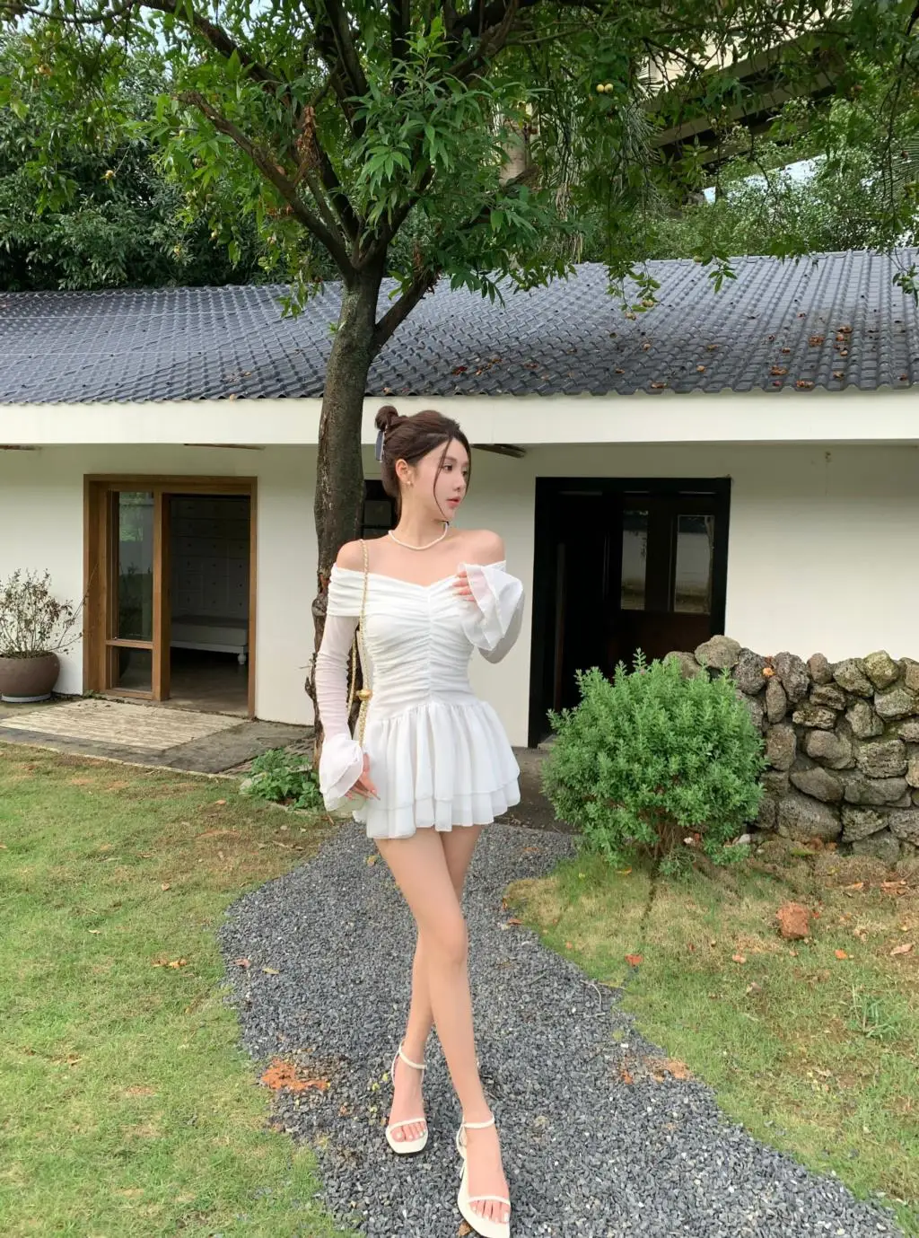 Elegant Mini White Dresses for Women Slash Neck Flare Sleeves Slim Waist Ruffles A-line Korean Fashion Short Vestidos Mujer New
