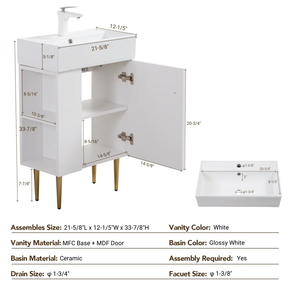 21.6" Open-shelving Bathroom Vanity With Ceramic Sink And Soft-Closing Door, Cloakroom Open Shelf Storage Cabinet On The Left Si 2