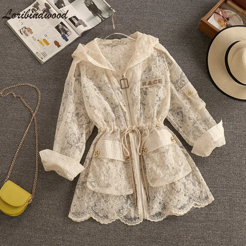 

High Quality Lace Sunscreen Jacket Women 2021 Summer New Embroidery Rhinestone Pocket Deco Drawstring Loose Hoodies Coat Outwear