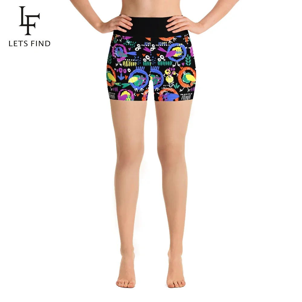 letsfind fruits print lemon pattern women stretch biker bike short pants high waist slim comfortable fitness leggings LETSFIND Women's Shorts Pants New Cartoon Birds and Leaves Pattern Print High Waist Sexy Elasticity Fitness Leggings