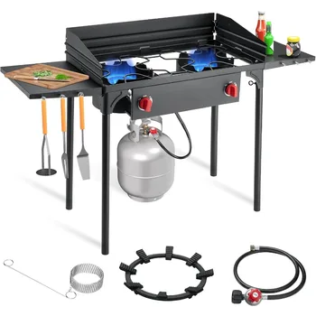 SKOK 2 Burners Portable Propane Stove with Wind Panel Side Shelves for Outdoor Camping Backyard and Picnic Use High Efficiency
