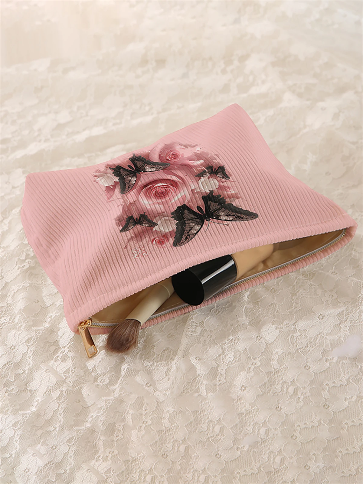 1 butterfly patterned corduroy makeup bag, lightweight zipper makeup storage box, multifunctional bag with lining