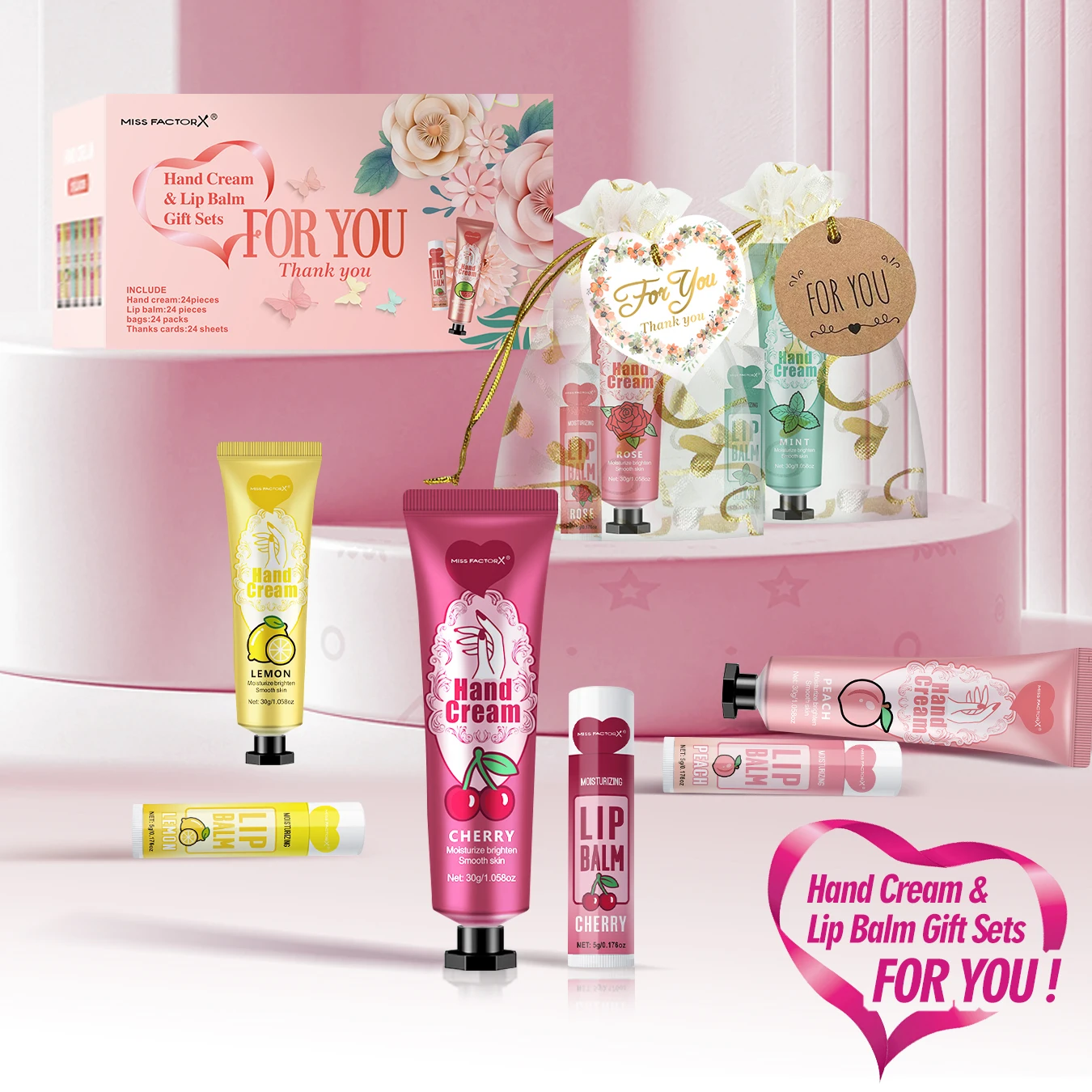 24 Hand gift Hand cream and lip balm set Friends Party Gift with love net bag and thank you card Holiday gift 2