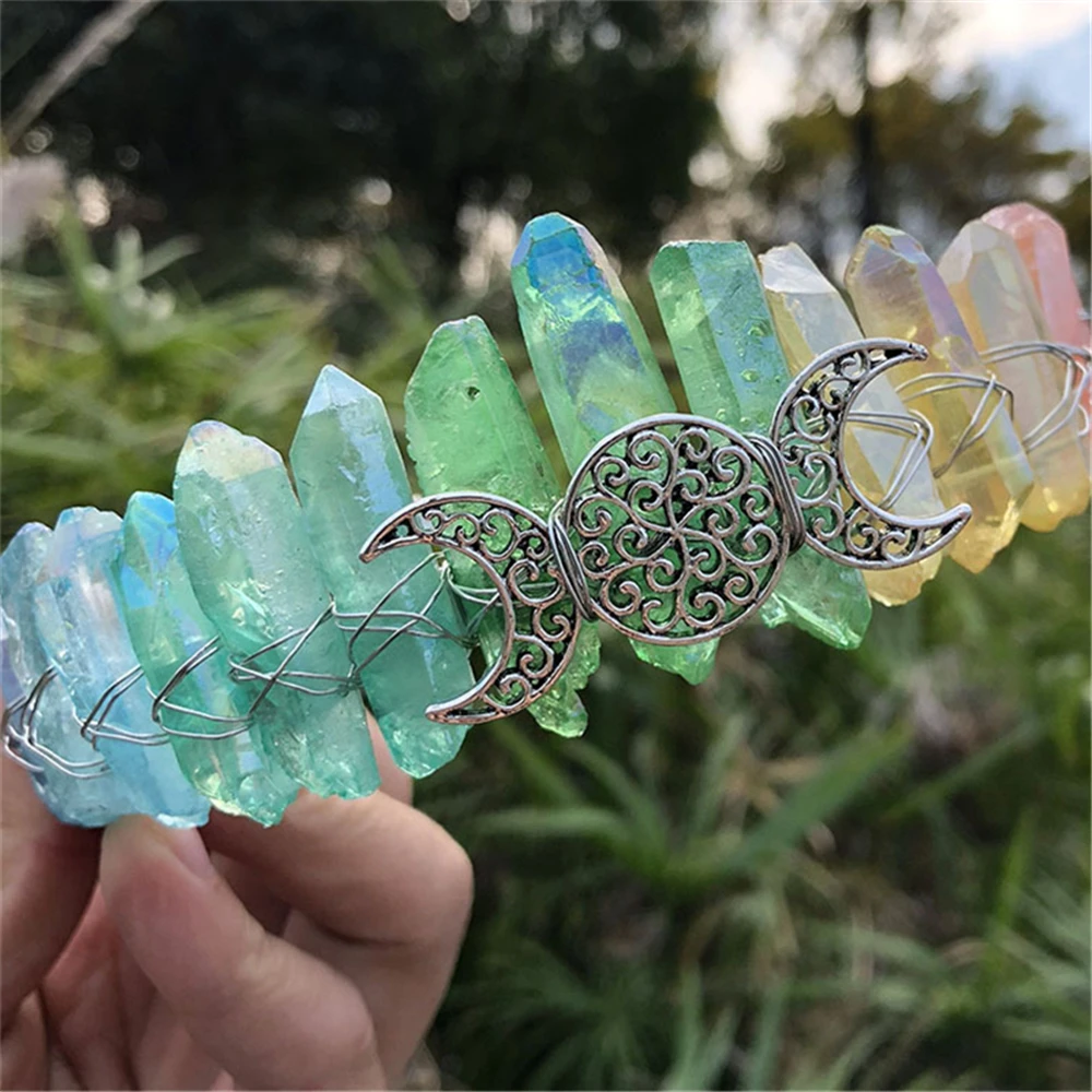 Charm Natural Crystal Wicca Moon Hair Accessories Women Witch Girl Crown Handmade Raw Quartz Headdress Gothic Prom Tiara Jewelry