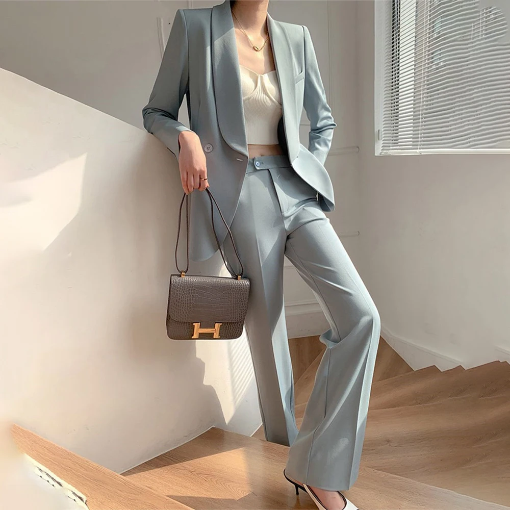 Fashion Slim Women 2 Pcs Blazer Set Business Long Sleeve Jackets & High Waist Pants Duble Breasted Office Ladies Trousers Suits