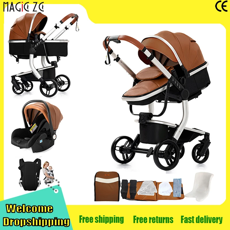 Poussette bébé en cuir PU 3 en 1, chariot de voyage pour nouveau-nés, poussette compacte de luxe pliable avec siège auto, poussette étanche 1 Poussette bébé en cuir PU 3 en 1, chariot de voyage pour nouveau-nés, poussette compacte de luxe pliable avec siège auto, poussette étanche 1