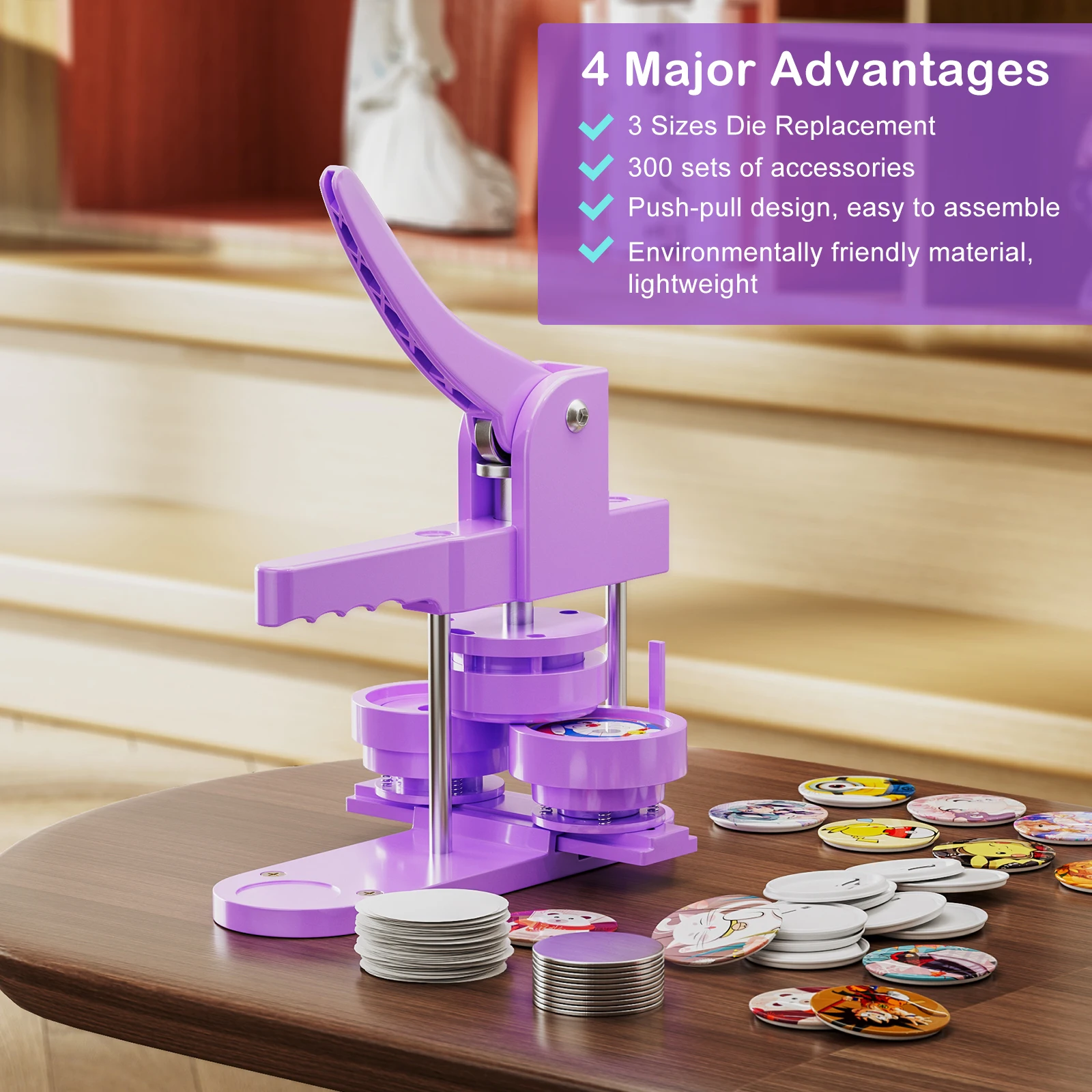 Purple Badge Machine with Molds, Pin Maker, Tinplate, Press Machine, Painting Activities, DIY, Creative Gifts, 25mm, 32mm, 58mm
