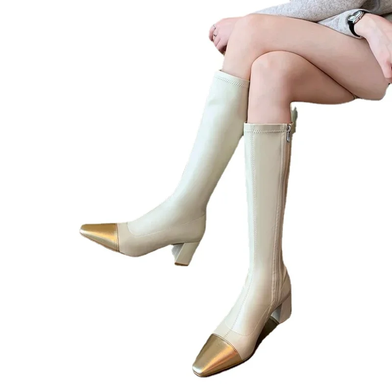 Women's Mid Boot 2023 Autumn/Winter New Women's Boot Fashion Sexy Small Fragrance Style Long Boots Square Head Elastic Slim Boot