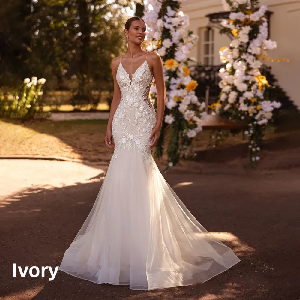 Customized Aviana Spaghetti Strap V-Neck Mermaid Wedding Dress Backless Tulle Appliques Embroidery Sweetheart Vestidos De Novia
