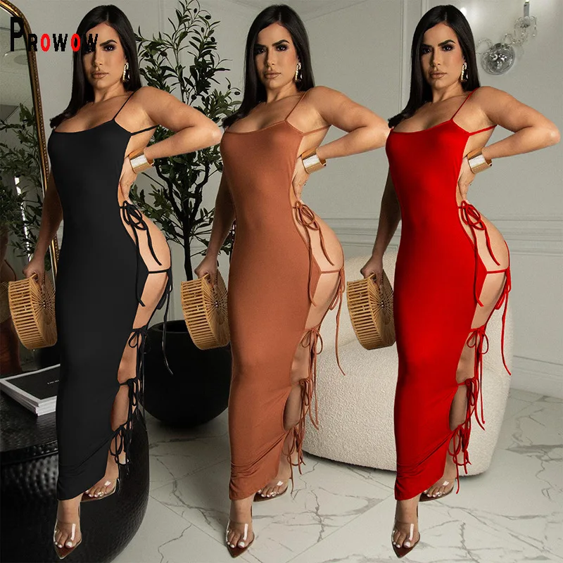 

Prowow Sexy Summer Holiday Women Dress Backless Hollow Out Lace Up Maxi Dresses for Party Nightclub Bodycon Outfits Lady Clothes