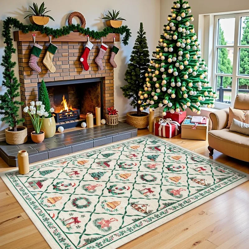 Christmas Style Living Room Carpet Christmas Tree Gift Print Bedroom Rug Machine Washable Holiday Decoration Coffee Table Mat 러그