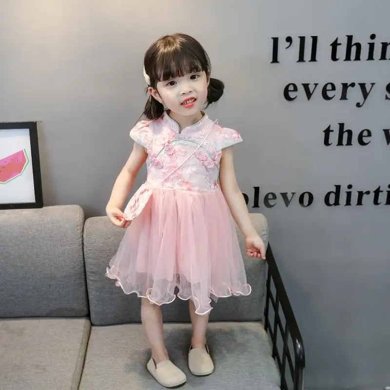 Baby girl\'s dress Children\'s cheongsam Princess dress Little girl\'s summer dress Pengpeng gauze short sleeved dress Hanfu