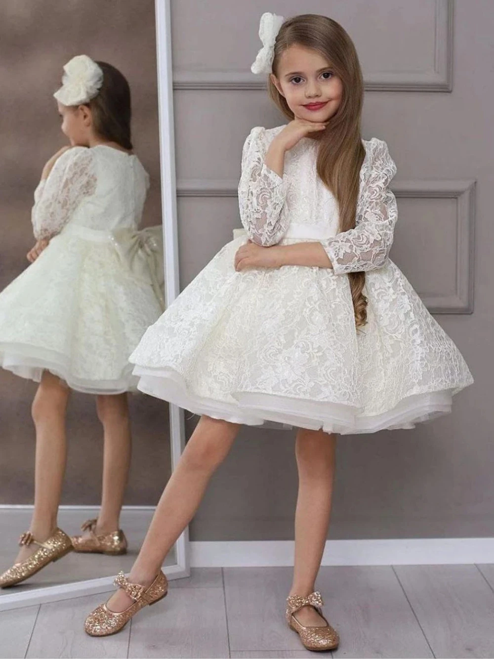 

Ivory Lace Long Sleeve Flower Girl Dresses Puffy Princess Wedding Party Birthday First Communion Dress Knee Length Baby Dress