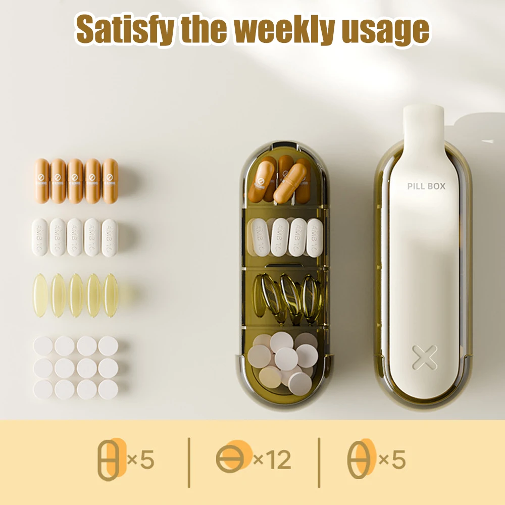 Compact BPA-Free Pill Dispenser with 4 Compartments and Slide-Open Organizer for Daily Vitamins and Supplements