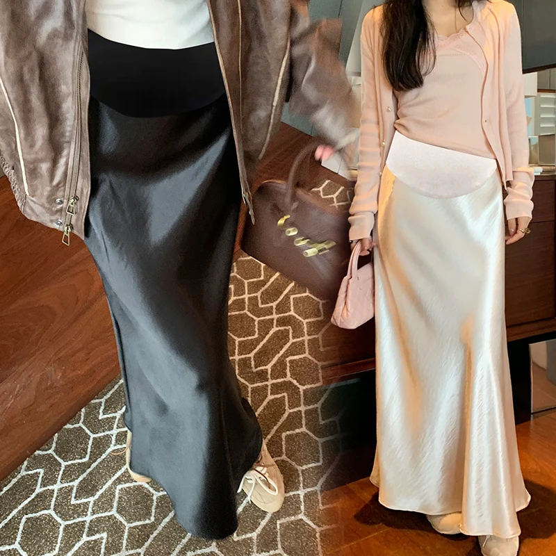 Maternity New Early Spring Vinegar Satin Covers Strap Slim A-line Long Skirt High Waist Drooping Fish Tail Youth Pregnancy