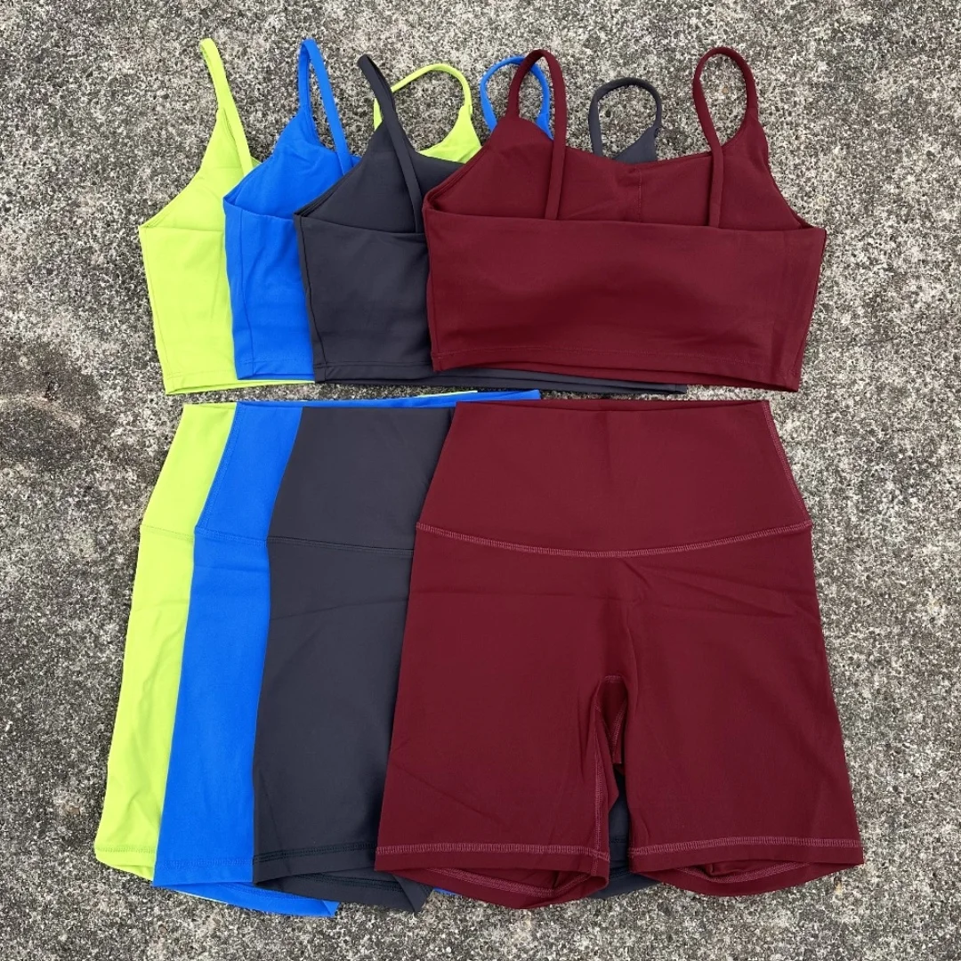 Sports Bra Set Gym Workout Set Yoga Pants Set Yoga Set Sports Set Shorts Fitness Set Sportswear Set Sports Set Solid Color Gym Cycling shorts Yoga Set Short Legging + Spaghetti straps Sport Bra Athletic Women Suit Comprehensive Training Jog