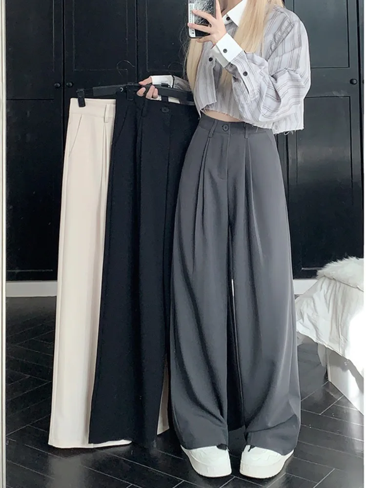 Women Suit Pants Autumn And Winter New Fashion Versatile High Waisted Wide Leg Pants Grey Black Trousers