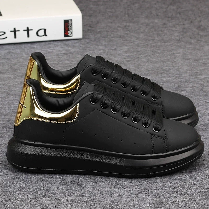 Fashionable casual shoes for couples, black and gold leather sneakers, outdoor tennis sneakers, luxury brand sneakers