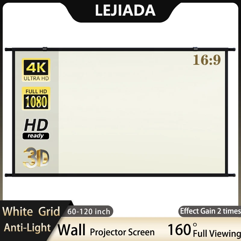 

LEJIADA Projector Screen Wall Mounted 60-100 inch White Grid Anti-Light 16:9 160 ° Viewing Angle Screen for Indoor Outdoor Movie