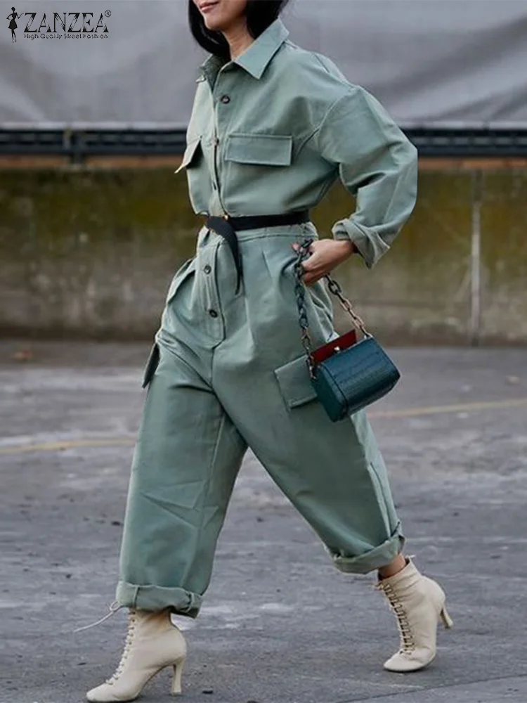 ZANZEA Women Jumpsuit Cargo Overalls Streetwear Long Sleeve Fashion Solid Loose Playsuit 2024 Spring Pocket Casual Lapel Rompers
