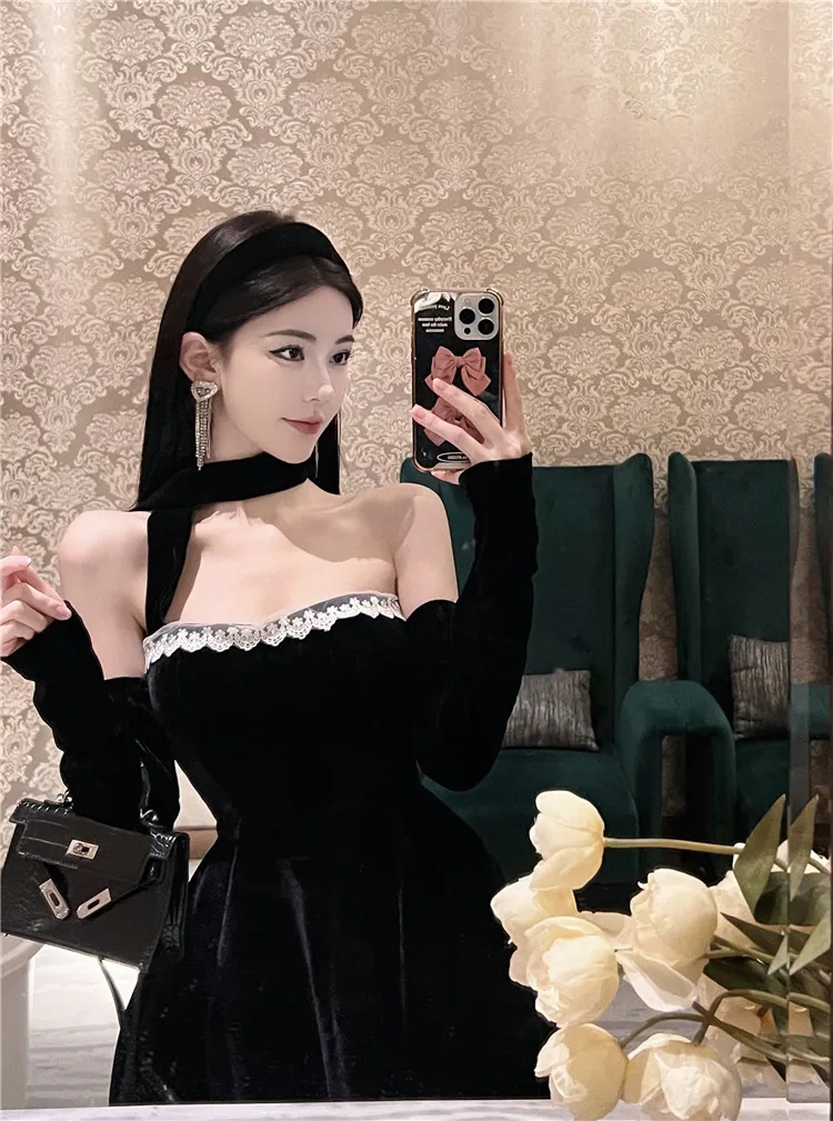 French Vintage Strapless Mini Dresses Women Lace Patchwork A-line Evening Party Dress Korean Fashion Y2K Mini Vestidos Mujer