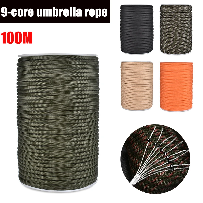 

100M 550 Military Standard 9-Core Paracord Outdoor Parachute Cord Survival Umbrella Rope 4mm Tent Lanyard Strap Clothesline