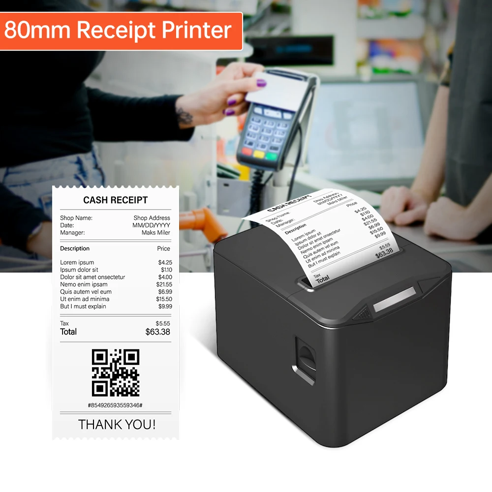 Bisofice Thermal Receipt Printer 80mm Desktop Direct Thermal Printing USB+LAN Connection High Speed with Auto Cutter Large Paper