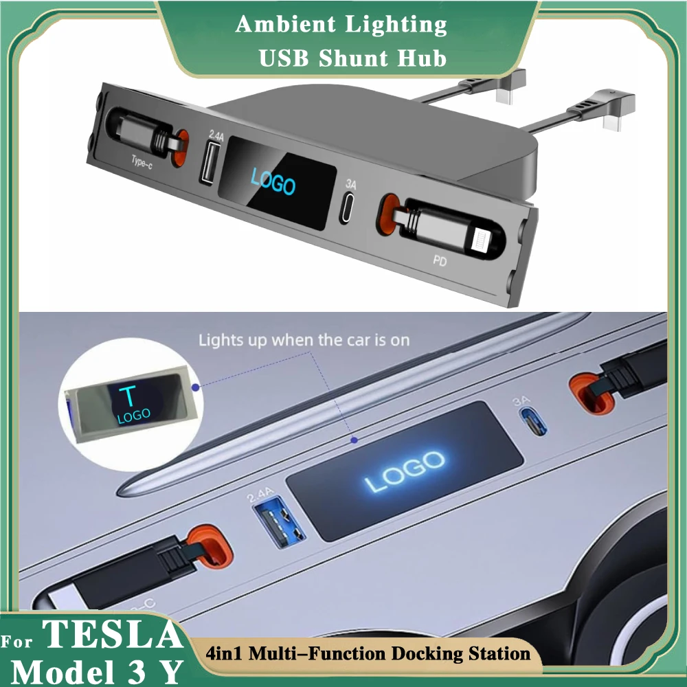 

For Tesla Model 3 Y Docking Station Upgrade 27W Quick Charger LED Intelligent USB Shunt Hub 4 Ports Powered Splitter Extension