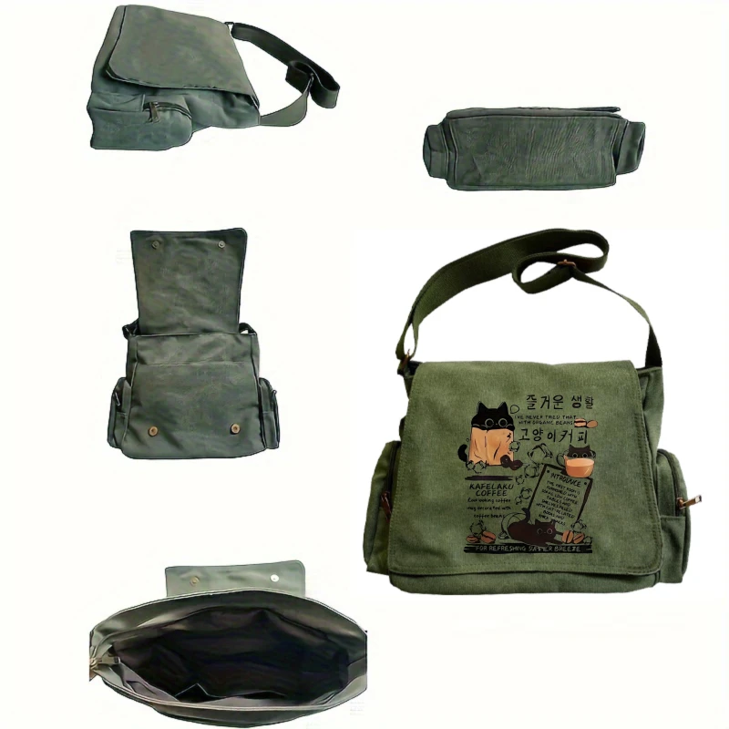 Retro Women's Messenger Bag Quirky Korean Style Cat Print Shoulder Bag Canvas Crossbody Bag Large Capacity Laptop Bag