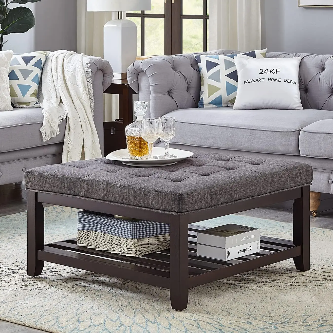 

24KF Large Square Upholstered Tufted Linen Ottoman Coffee Table, Large Footrest Ottoman with Solid Wood Shelf-Dark Gray
