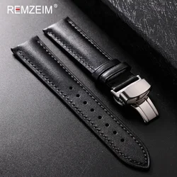 Elegant Leather Watchband with Automatic Butterfly Clasp - Men's and Women's Replacement Strap - 22mm (Black - Silver)