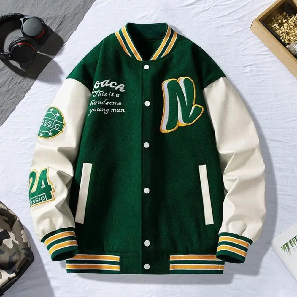 Men Baseball Jacket Men's Stand Collar Striped Letter Pattern Cardigan Coat with Pockets Long Sleeve Baseball Jacket for Mid