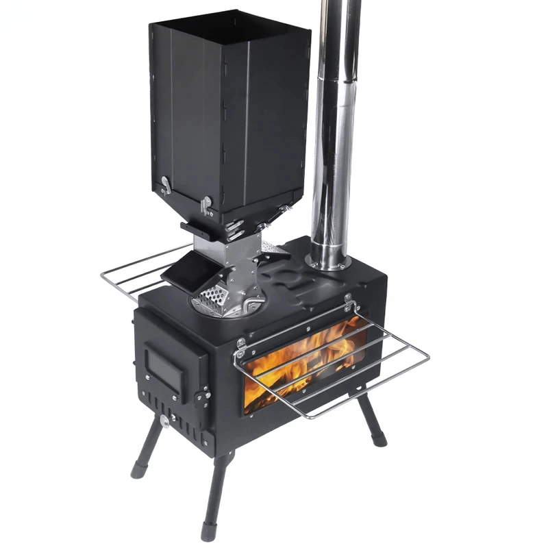 Portable Windproof Outdoor Pellet Fire Wood Heater with Burner Stove Bin for Camping Tent 2