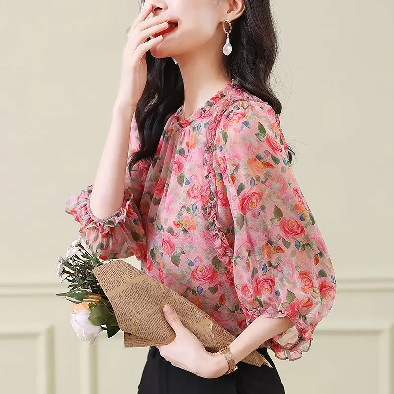 Temperament Printed Round Neck Shirt for Women's Spring Autumn Sweet Versatile Thin Ear Edge Lantern Sleeve Pleated Chiffon Top new style bow pearl hairclip temperament bang edge clip hair accessories spring clip hairclip