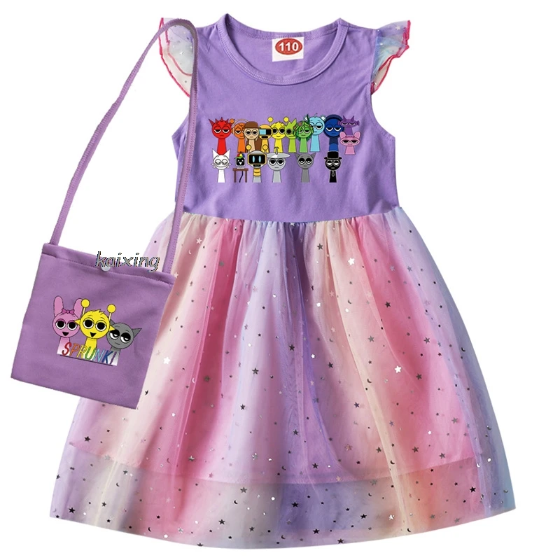 Kids New Girls Dress Sprunki Cartoon Print Kids Clothing Princess Dresses +Bag Flying Sleeve Party Costume Best Gift