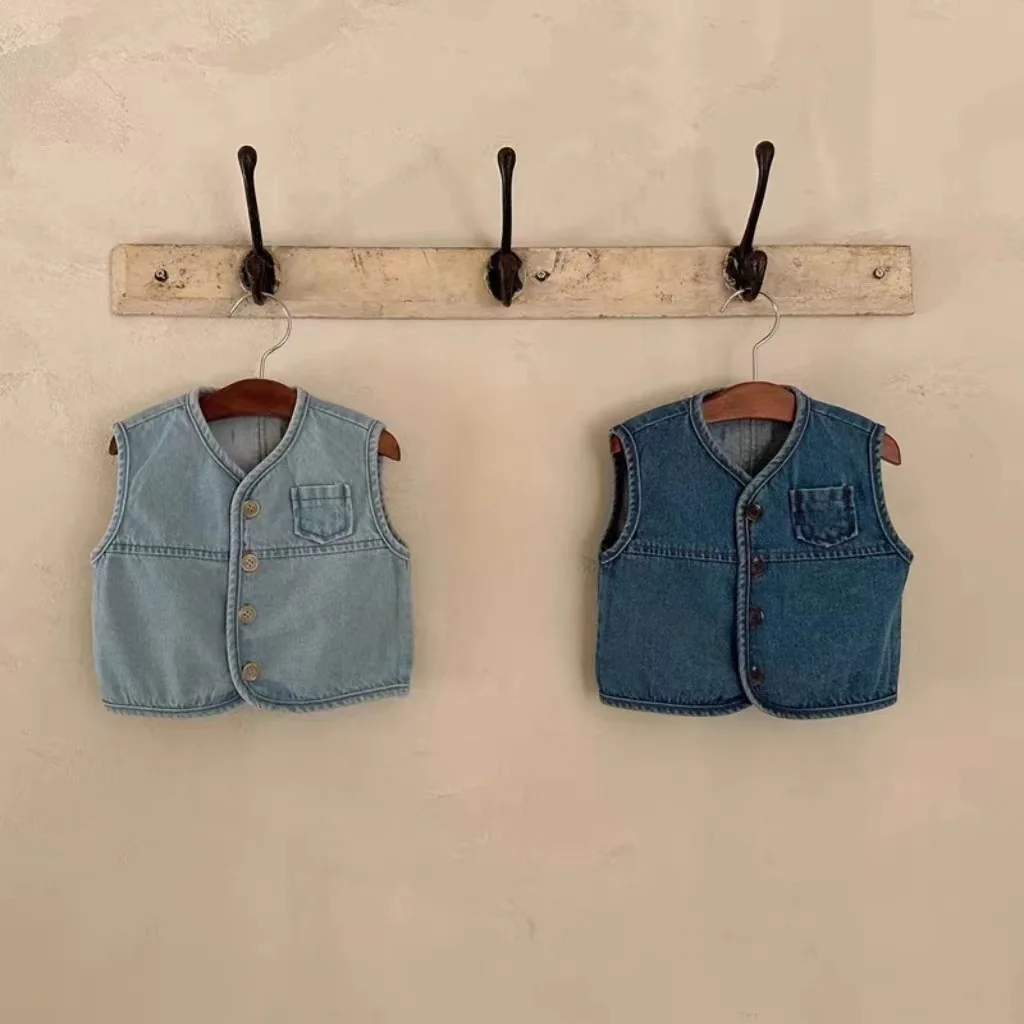 

Autumn Korean Baby Denim Vest Boys Girls Infant Solid Pocket Sleeveless Denim Jacket Vest 0-3 Years Toddler Kids Casual Clothes