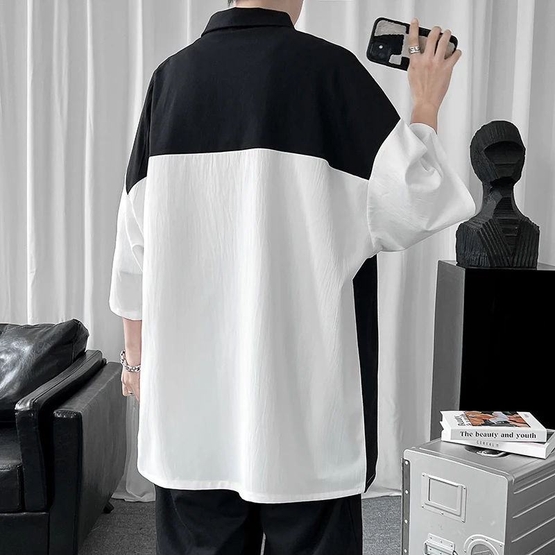 Patchwork Black White Ice Silk Japanese Harajuku Short Sleeve Shirt Men Oversized Blouse Summer Polo Fashion Casual New 2023 Top