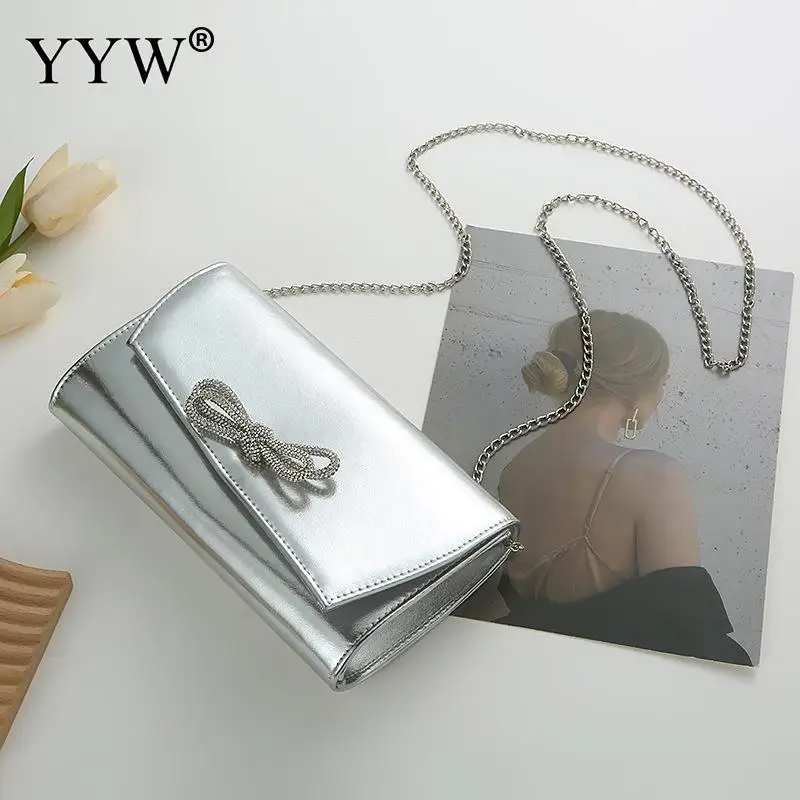 Luxury Designer Women Handbag Crystal Shiny Rhinestone Bow Evening Bag Dinner Party Silver Clutch Purse Shoulder Messenger Bag