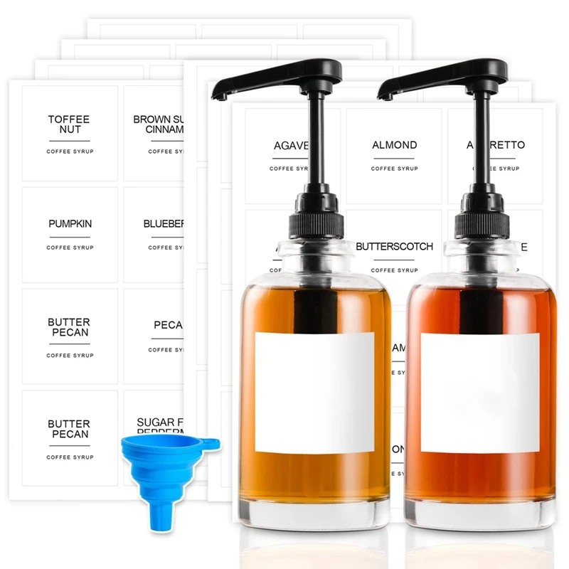

Coffee Syrup Dispenser Cup With Labels Glass Syrup Pump Dispenser Bottle, For Coffee Bar Accessories, 500 ML, 2PCS