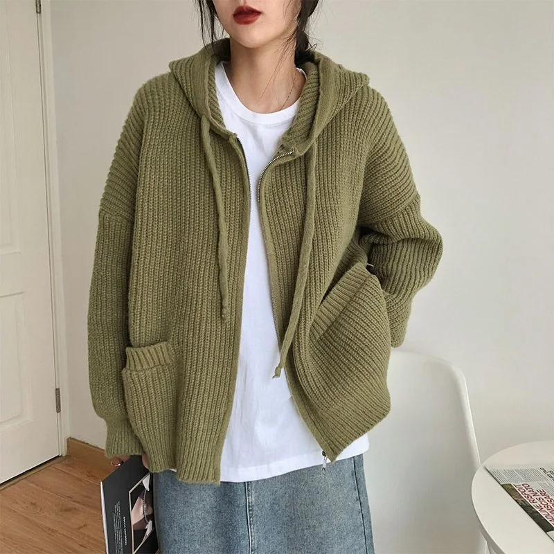 

Women Loose Hooded Cardigan Zipper Sweater Knit Female Soft Autumn Winter Knitted Sweaters and Cardigans for Lady Fall Coat