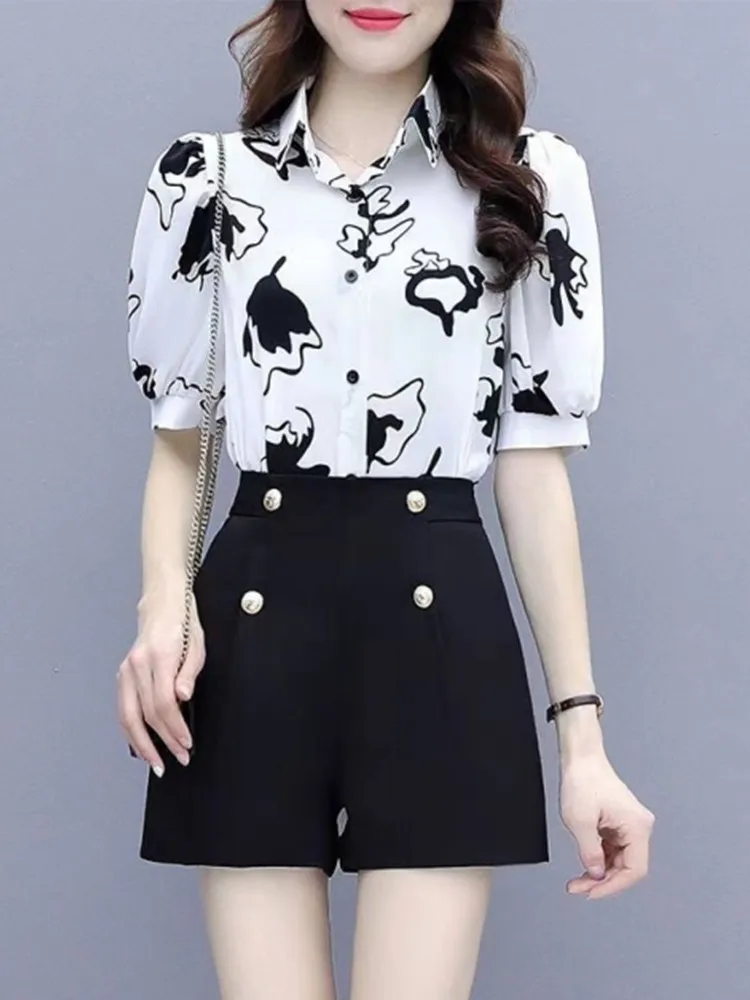 2024 Spring/Summer Korean Edition New Chiffon Shirt Short Sleeve Two Piece Set Thin Style Set A Complete Set of Fashion
