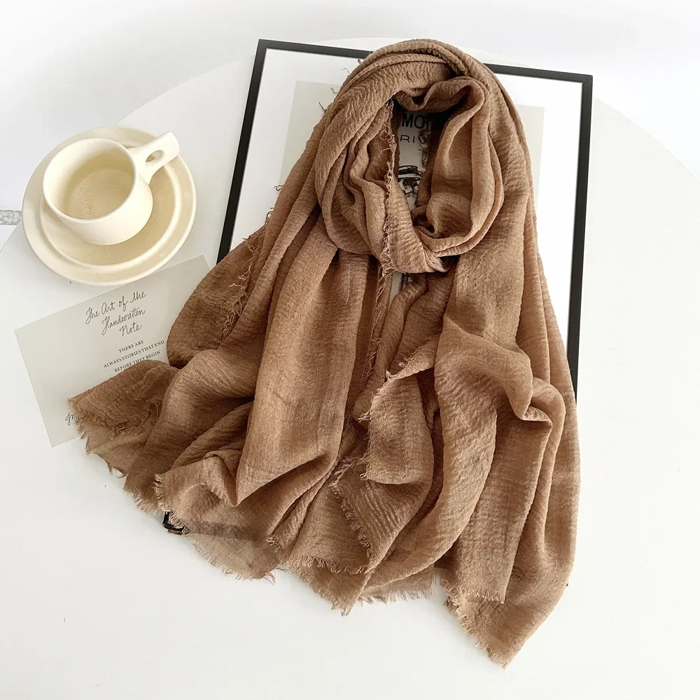 Black White Crinkle Cotton Hijab Light Soft Solid Scarf Wrap Shawl Women Musulman Headband Islamic Turban Tassels Scarves 3