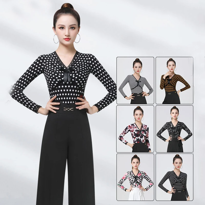 

6 Colors Long Sleeves Modern Dancing Top Ballroom Dance Competition Tops Women Latin Dance Tops Cha cha Rumba Dance Top SL7758